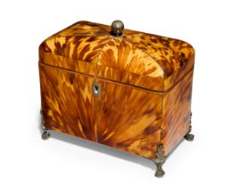 A William IV silver-mounted tortoiseshell tea caddy, c.1830, of rectangular form, with claw-and-b...