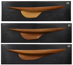 Three 1:54 scale specimen wood half-block models of yachts, by Basil R. Tubbs, late 20th century,...