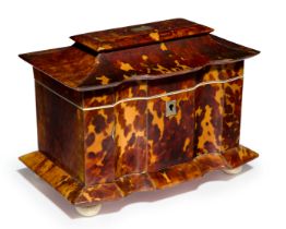 A Regency tortoiseshell pagoda-top tea caddy, early 19th century, with pewter stringing and ivory...