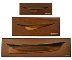 Three scale specimen wood half-block models of yachts, late 20th century, each mounted on a mahog...