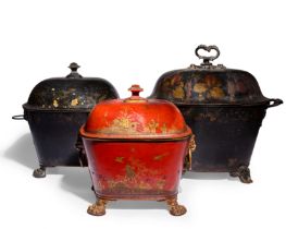 A group of three tôle purdoniums, 19th century, comprising: a red chinoiserie decorated example w...
