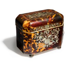 An early Victorian tortoiseshell and mother of pearl inlaid tea caddy, c.1840, of rectangular for...