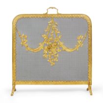 A French gilt-bronze and mesh fire-screen, early 20th century, mounted with ribbon-tied floral ba...