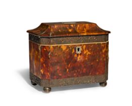 A Regency tortoiseshell pagoda-top tea caddy, early 19th century, of rectangular form with canted...