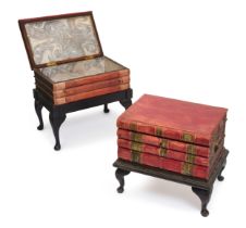 Two painted wood and red leather faux book occasional tables, each modelled as a stack of four vo...