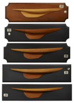 Five specimen wood half-block models of yachts, by D.C. Morley, late 20th century, each mounted o...