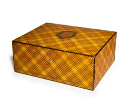A Victorian tartanware writing box, late 19th century, the hinged cover decorated with a cartouch...