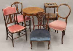 A George III mahogany wash stand, a walnut side table and four chairs. The former 34.5 cm wide.
