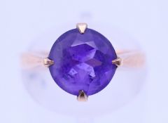 A 9 ct gold and amethyst ring. Ring size L.