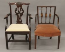 A 19th century inlaid mahogany armchair and another mahogany armchair. The former 55 cm wide.