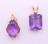 A 14 K gold, amethyst and diamond pendant and a 9 ct gold, amethyst and diamond pendant.