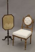 A Victorian gilt side chair and a pole screen. The latter 146 cm high.