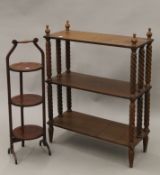 A walnut whatnot and a folding cake stand. The former 74.5 cm wide.