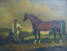 A mid-19th century primitive/folk art 'Chestnut Stallion and Groom', oil on canvas, framed.