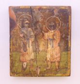 A miniature icon depicting two Saints/figures. 4.5 x 3.75 cm.