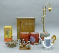 A Victorian oak smoker's cabinet, a brass lamp, lacquered box, a Picquot ware teapot etc.