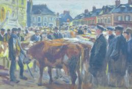 'French Cattle Market Scene', oil on panel, indistinctly signed and dated 1926,