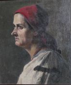 EUROPEAN SCHOOL, 'Portrait of a Peasant Woman in Red Head Scarf', oil on canvas, framed. 66 x 73.