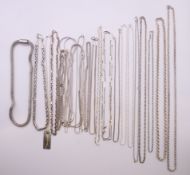 A quantity of silver necklaces. Longest 94 cm long.