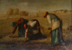 After JEAN FRANCOIS MILLET (1814-1875) French, 'The Gleaners', Victorian oleograph on board,