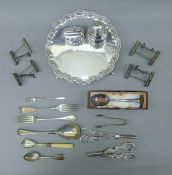 A quantity of silver plate. The salver 25 cm diameter.