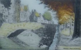 Two coloured prints of Bruges, indistinctly signed and monogrammed EL, framed and glazed.