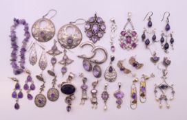 A quantity of amethyst-set jewellery to include earrings, pendants and a bracelet.