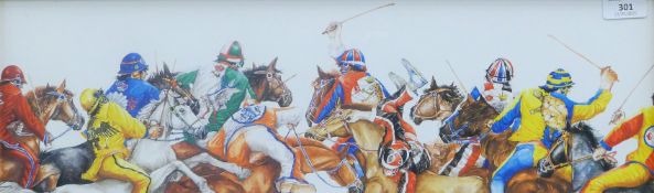 A pair of prints of horse riders racing at the Siena Palio, Tuscany, Italy,