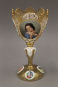 A 19th century Bohemian glass vase painted with a portrait of a young girl wearing jewellery.