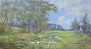 GEORGE RANSOM RA (1843-1935) British, 'Landscape with Geese by a Stream', oil on canvas,