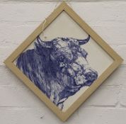 A Mintons butchers' shop tile depicting a bull's head, framed. 29.5 x 30 cm overall.