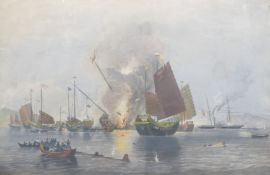 A coloured aquatint by E DUNCAN 18436 'The Destruction of Chinese War Junks by the Nemesis