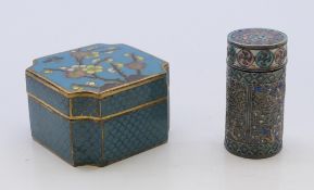 A 19th century gilded cloisonne box and cover and a silver and enamel cylindrical cosmetic pot and