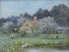 GEORGE RANSOM RA (1843-1935) British, 'Cottage with Figures and Geese by Pond', oil on panel,
