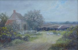 GEORGE RANSOM RA (1843-1935) British, 'Cottage with Geese on a Path', oil on canvas,