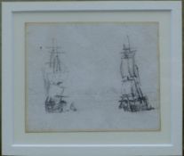 'Two Sailing Ships', pencil sketch, framed and glazed. Image 8.5 x 7 cm.