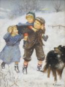 'Children with a Dog in the Snow', oil on board, signed T Fosters, framed. Image 29 x 39.5 cm.