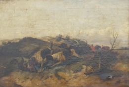 19TH CENTURY PRIMITIVE SCHOOL, 'Fox Hunt', oil on canvas, framed. Image 75 x 50 cm.