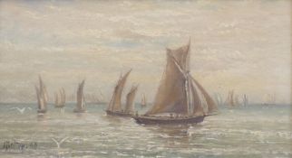 A SALTON (19th century school), 'Boats at Sea', oil on board, signed and dated '88,