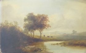 19TH CENTURY SCHOOL, 'Cattle and Herdsman in a Landscape', oil on board, framed. Image 46 x 30 cm.