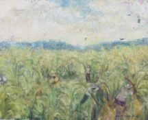 VAUGHN TUCKER, 'Cane Cutters', oil on canvas, signed. 50.5 x 41 cm.