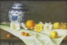 MARTIN BEALE, a pair of 'Still Lifes', oils on board, framed. Each image 15.5 x 10.5 cm.