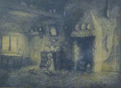 'Cottage Interior with Child', etching, signed La Barre 1913 and numbered 71, framed and glazed.