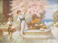 'Figures on a Mediterranean Terrace', oil on board, signed Toshini, framed. Image 39.5 x 29.5 cm.