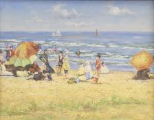 'Beach Scene', oil on board, signed Hamilton, framed. Image 24 x 19.5 cm.