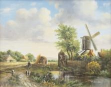 'Windmill View', oil on board, signed A Norley, framed. Image 24 x 19 cm.
