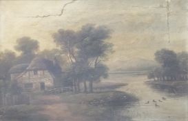19TH CENTURY SCHOOL, 'Ducks on a Pond before a Thatched Cottage', oil on board, indistinctly signed,