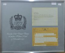 Framed letters/telegrams to and from Queen Elizabeth II from the Pandor Club,