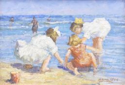 'Beach Scenes', a pair of oils on board, signed Hamilton, framed. Each image 16.5 x 11.5 cm.