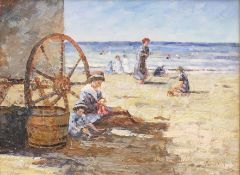 'Mother and Child beside a Bathing Hut', oil on board, signed Hamilton, framed. Image 38.5 x 28.